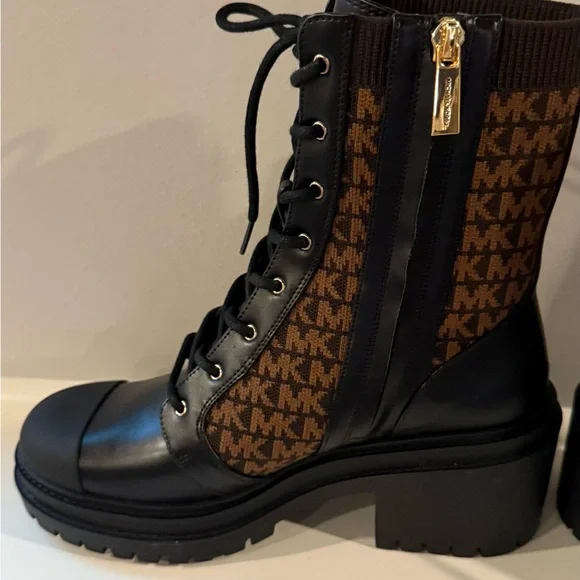 Michael Kors Black Leather and Brown Logo Combat Boots size 8 - Picture 2 of 6